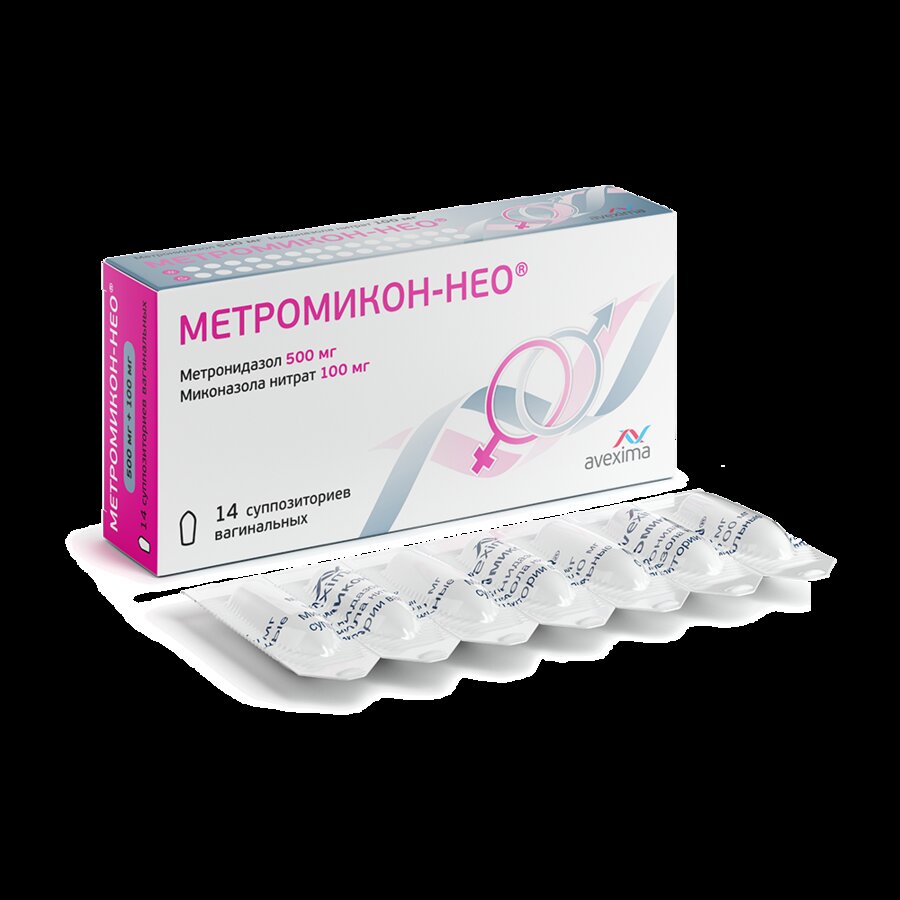 Метромикон Нео супп. ваг. 500мг+100мг №14