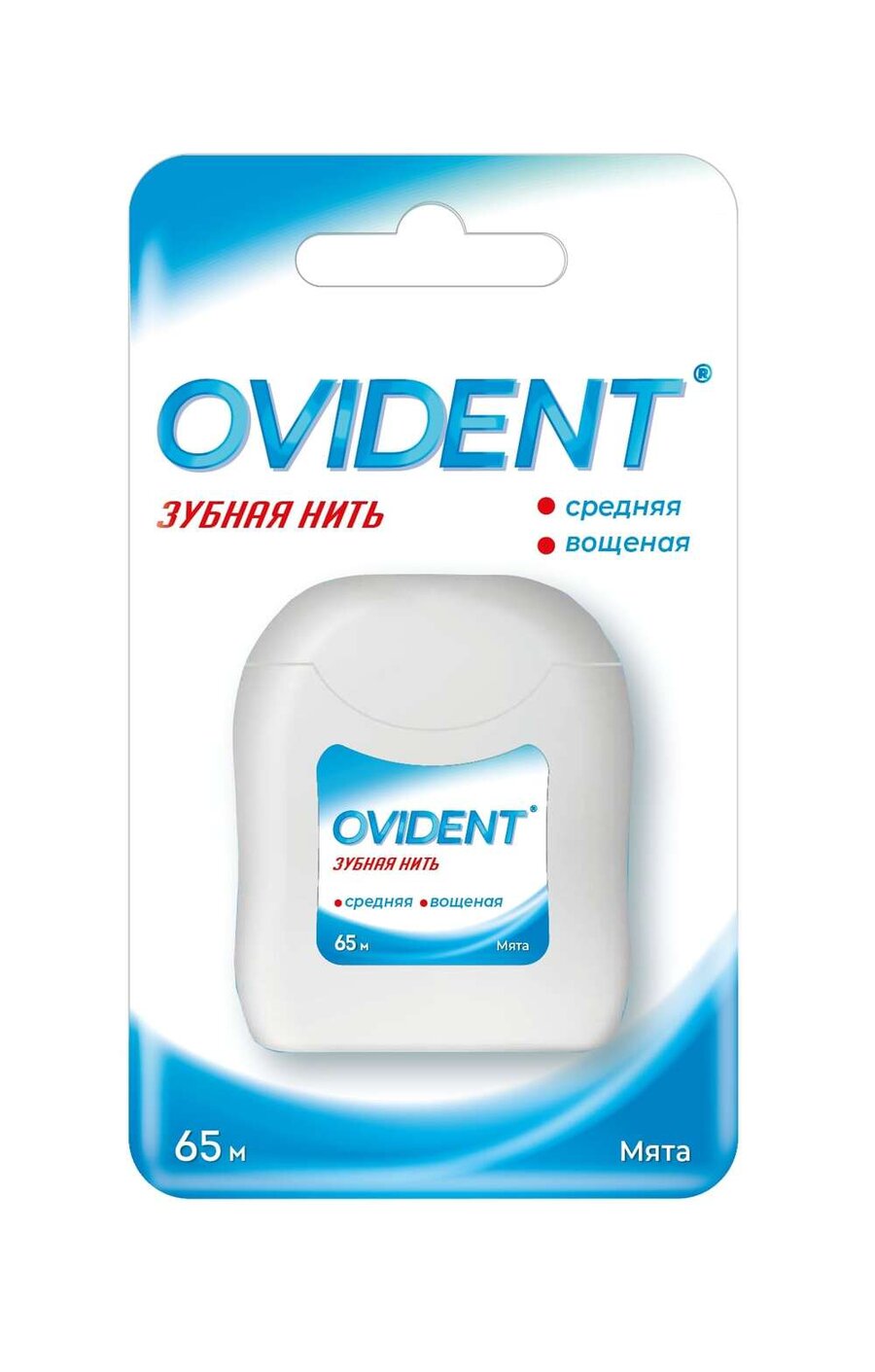 Овидент зубная нить вощеная средняя мятная 65м