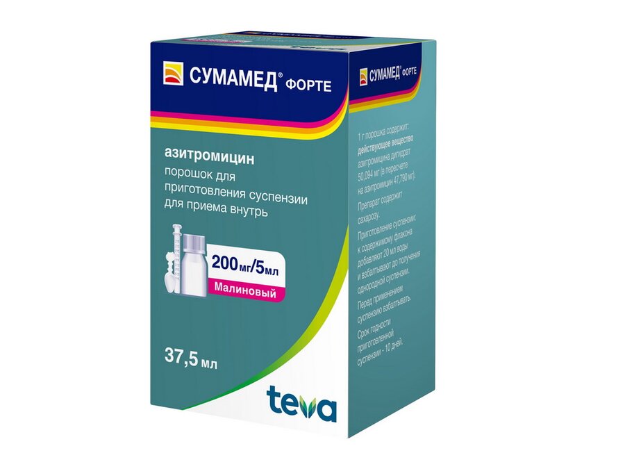 Сумамед форте пор. д/сусп. внутр. 200мг/5мл 35,573г 37,5мл